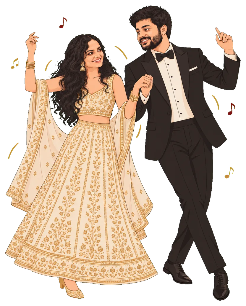 Illustrated Tanuja and Prasid at the Sangeet